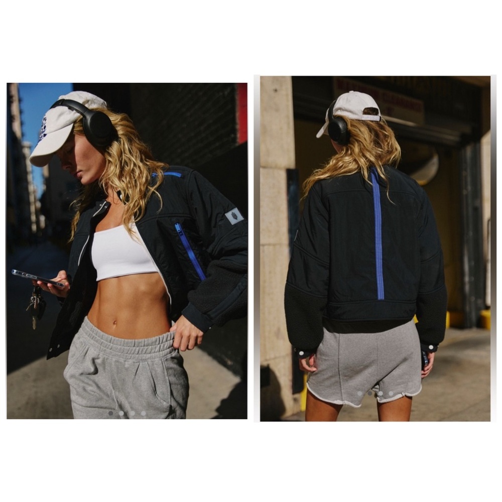 Free People Movement On Your Mark‎ Moto Fleece Jacket Black & Blue Medium